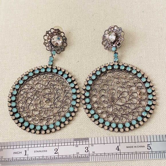 Vintage 1980's NIKOLAS FRANGOS Filigree Rhinestone OVERSIZED Clip On Earrings 4" - Picture 8 of 14